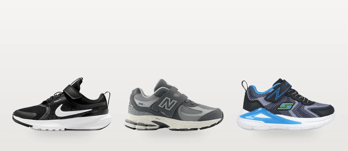 Farklı kalıplarda üç çocuk ayakkabısı: Nike Star Runner, New Balance 2002 ve Skechers günlük model