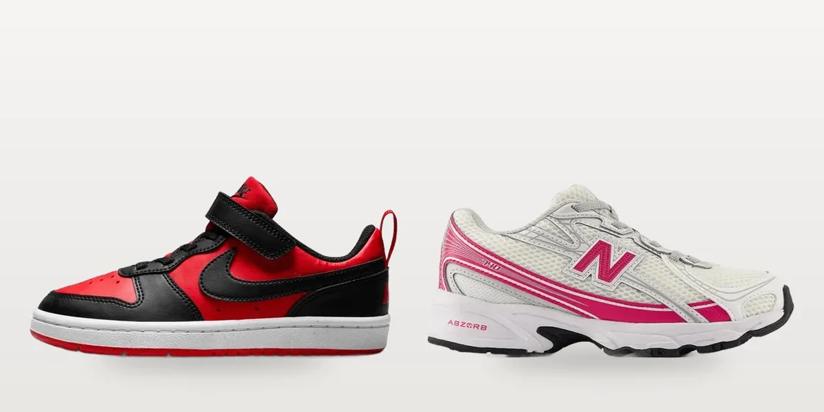 Dar kalıp ile geniş kalıp yan yana: Nike Court Borough ve New Balance 740 çocuk modelleri