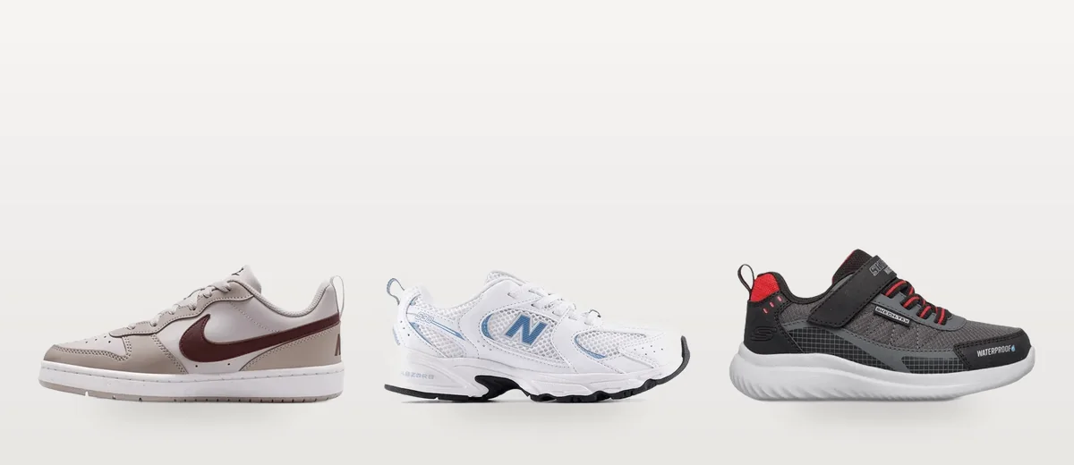 Okul için uygun üç çocuk sneaker'ı yan yana: Nike Court Borough, New Balance 530 ve Skechers Bounder