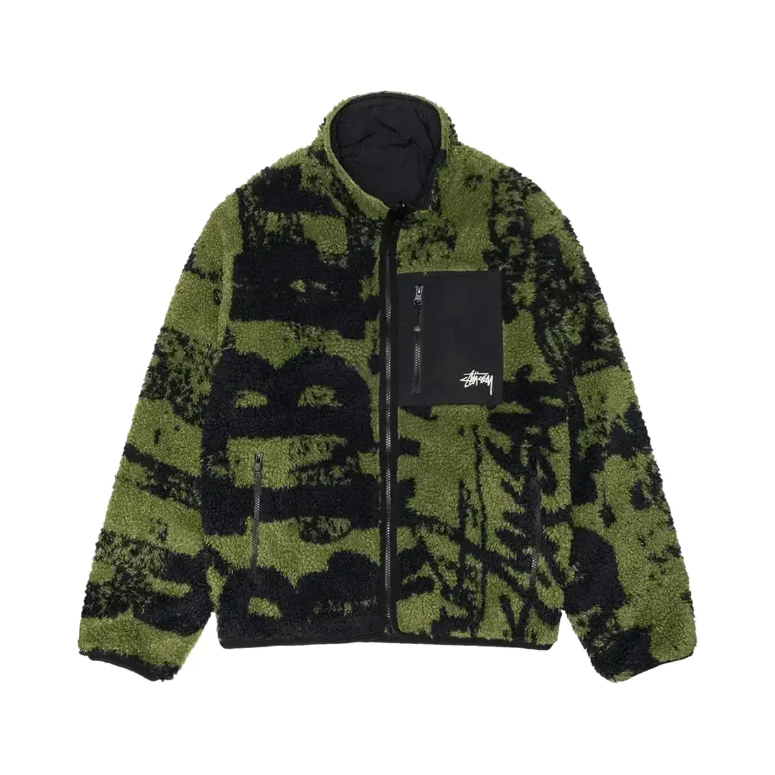 Stussy Sherpa Reversible Printed Jacket ‘Green’ — T-shirt & Sweatshirt, Yeşil